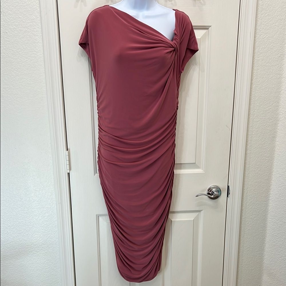 Melissa Masse Dress Large Pink Mauve Silky Ruched Cocktail Dress Short Sleeve